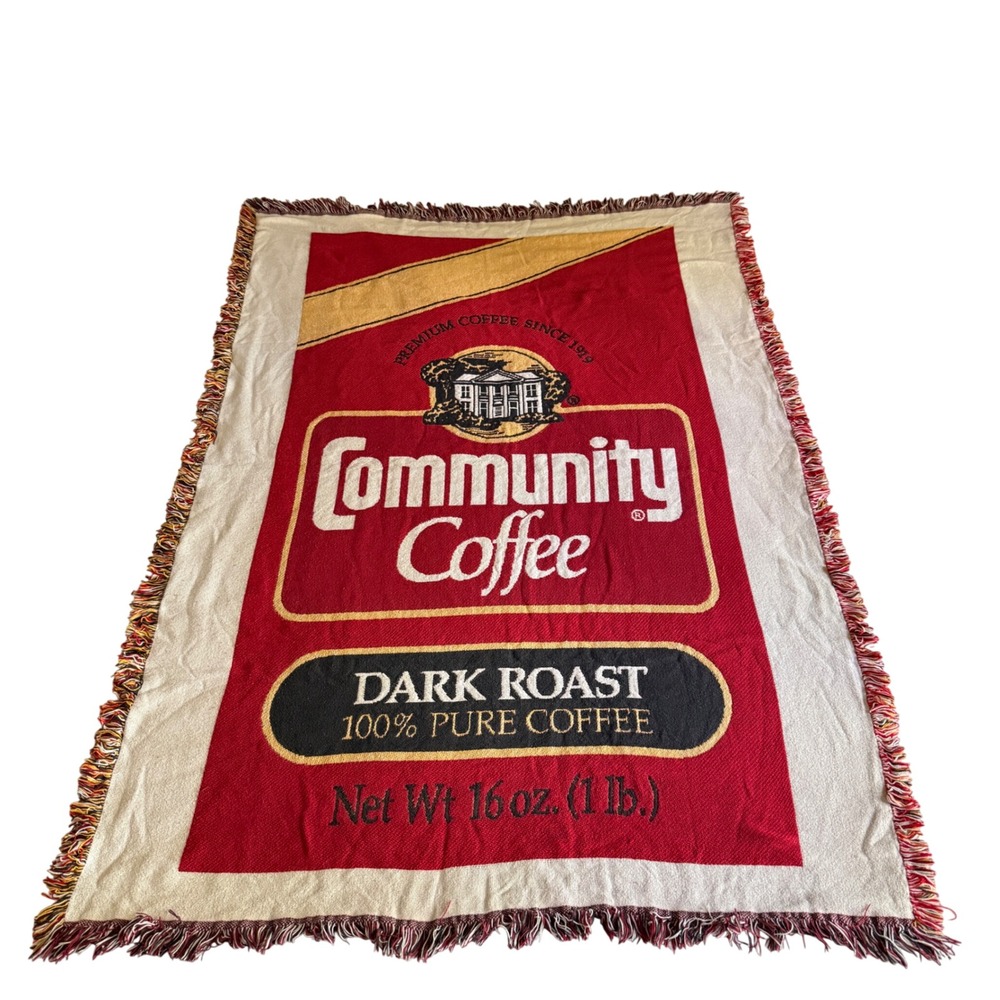 Community Coffee Dark Roast Woven Tapestry Throw Blanket Red Fringed Edge Retro